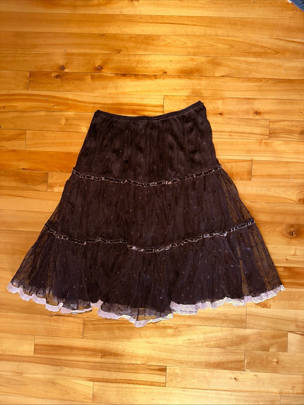 Vintage 213 Womens M Brown Polka Dot Tiered Mesh Midi Skirt Fairy Grunge Y2K